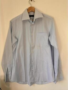 Canali Mens Button Down Shirt 15/38 Blue White striped Dress Shirt